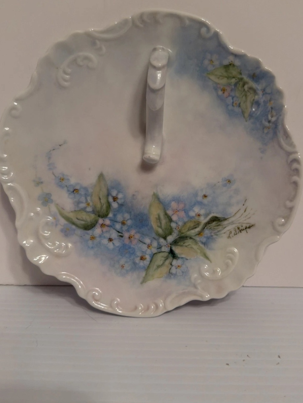 Floral Trinket Dish Handled Dish Hand Painted Artist Signed 7” Vintage